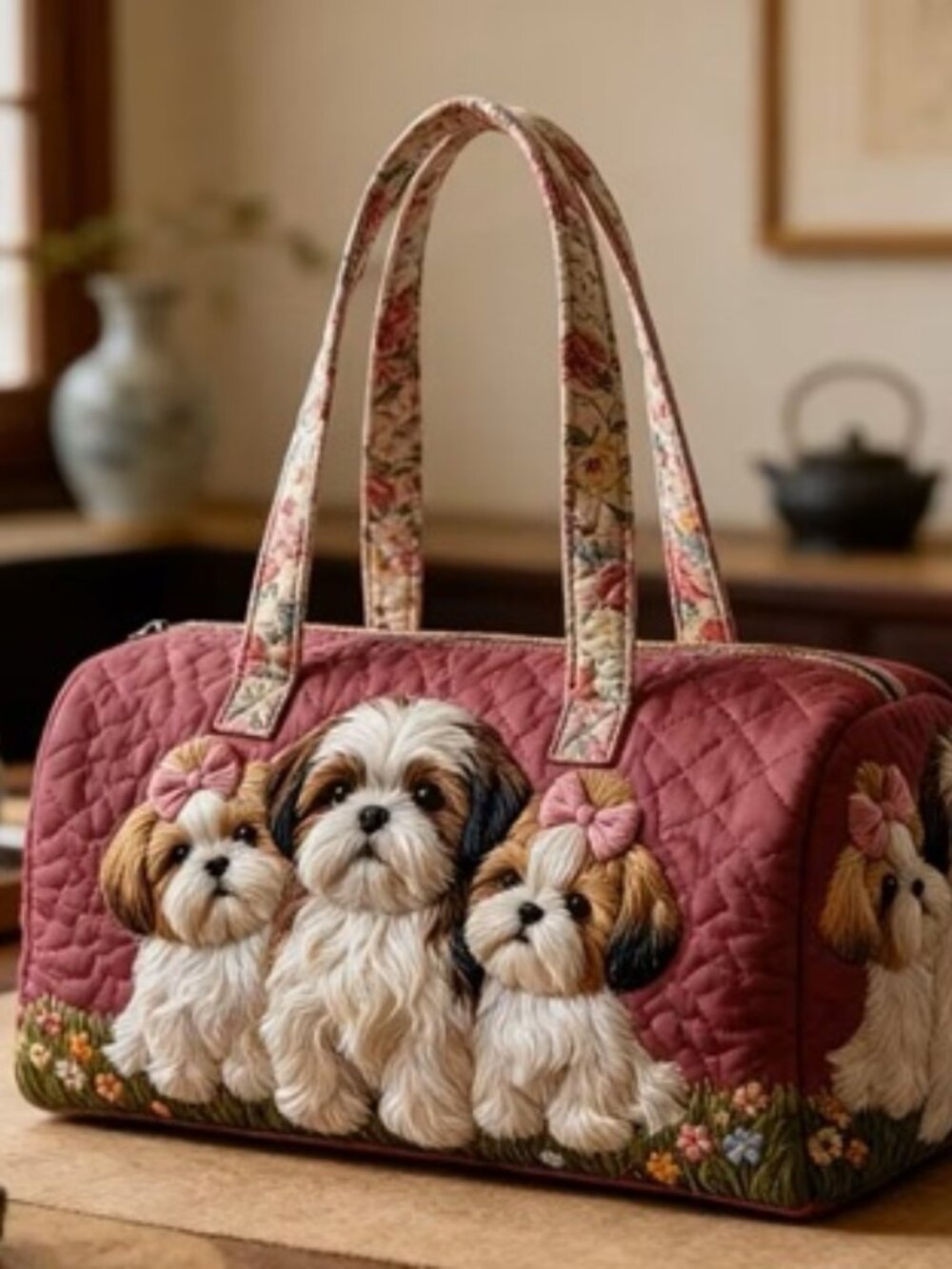 Cute Puppy Print & Country Style Quilted Tote Bag w/Bright Colors